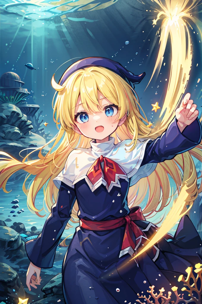 (8k,  super quality, masterpiece:1.2),  ultra high resolution, cute,  girl, solo, whole body, Puyo Puyo's witch, Blonde, Blue Eyes , blue headwear ,  blue based robe,  red ribbon, White capelet, Ahoge,  LONG SKIRT , In the sea, In the water, fish, star, hovering ,  imaginary,  like a , Bright smile,  innocent face ,  mouth, soaked, Bubble, 