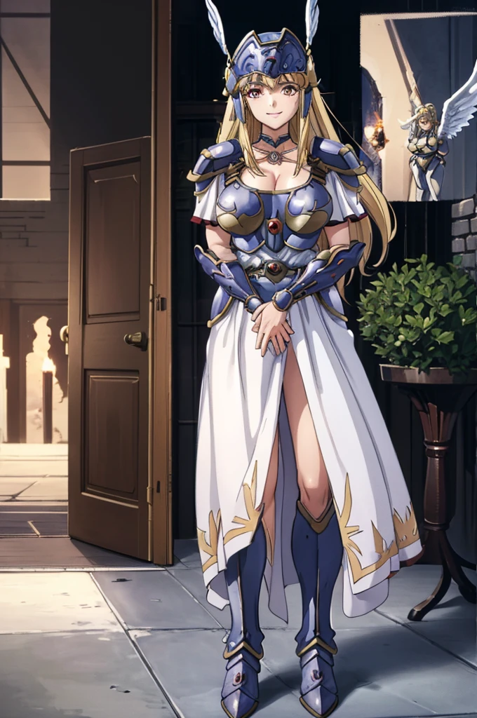 masterpiece, Best Quality,   U-CREY ,  winged helmet, armored dress,   shoulder pads for projectiles,  choker, armored boots, armor, cowboy shot,  ,  big breasts at the temple,  at dawn, the above, smile, At the scene 