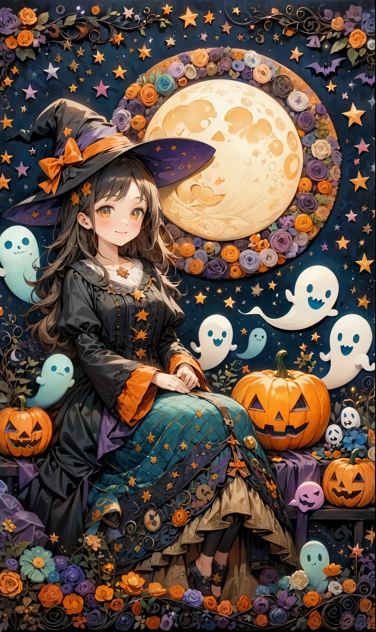 handicraft artwork,patchwork,cloth,button,Felt fabric,Embroidery thread,Handicrafts with a warm and gentle atmosphere,(Halloween: a girl in a witch costume smiles happily,a person with short, curly hair,star,Night Sky,ghost silhouette,Bats,Halloween Background),A dream-like sight,rustic colors,intricate details,artwork,Three-dimensional