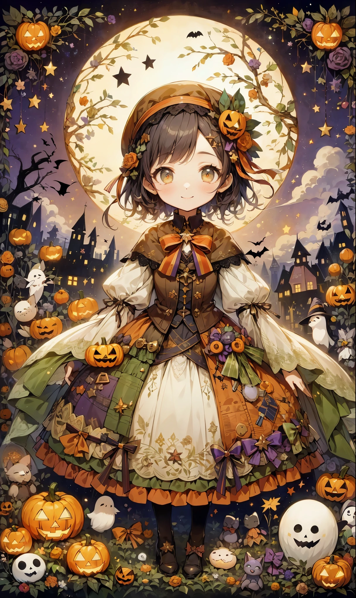 handicraft artwork,patchwork,cloth,button,Felt fabric,Embroidery thread,Handicrafts with a warm and gentle atmosphere,(Halloween: a girl in a witch costume smiles happily,a person with short, curly hair,star,Night Sky,ghost silhouette,Bats,Halloween Background),A dream-like sight,rustic colors,intricate details,artwork,Three-dimensional