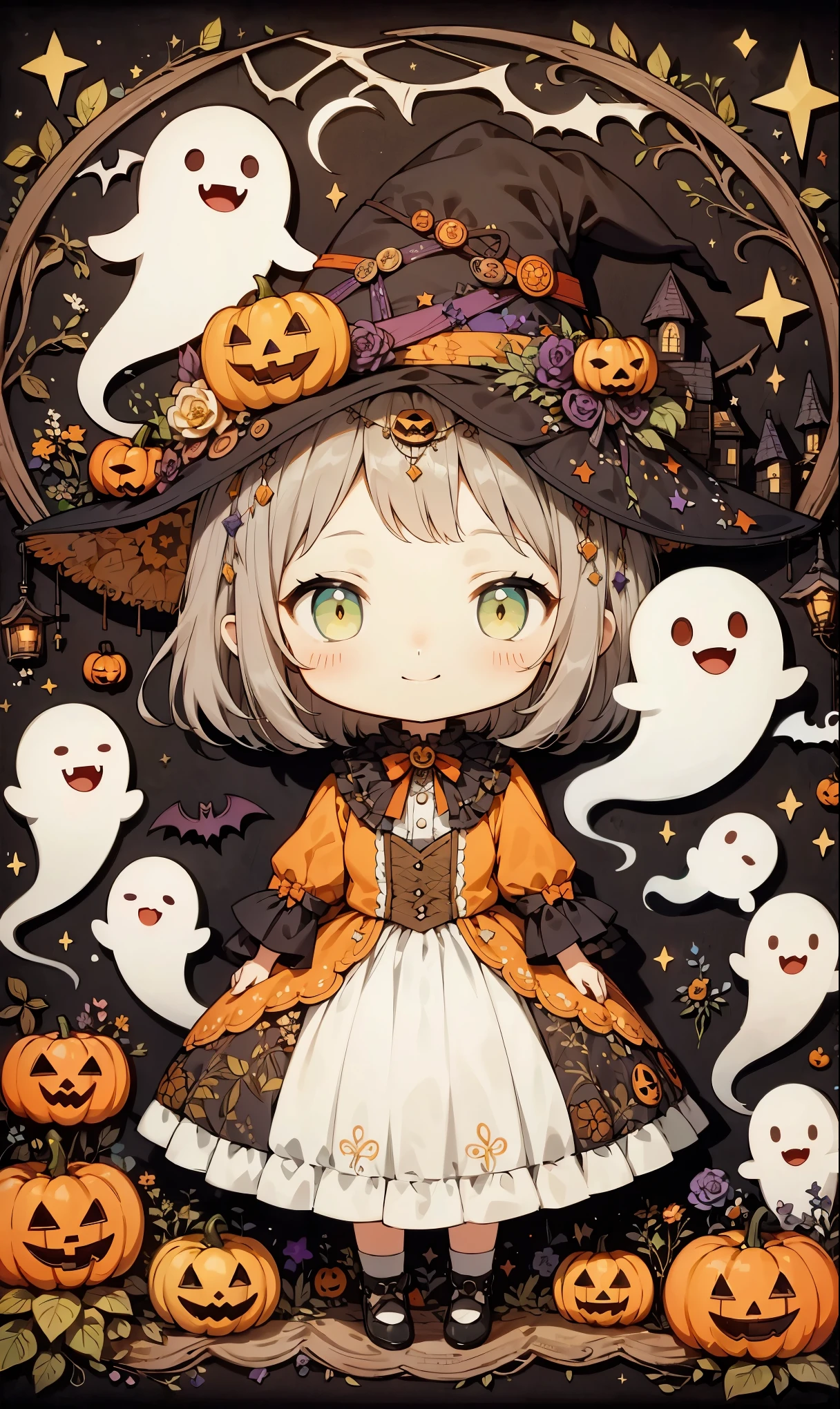 handicraft artwork,patchwork,cloth,button,Felt fabric,Embroidery thread,Handicrafts with a warm and gentle atmosphere,(Halloween: a girl in a witch costume smiles happily,a person with short, curly hair,star,Night Sky,ghost silhouette,Bats,Halloween Background),A dream-like sight,rustic colors,intricate details,artwork,Three-dimensional