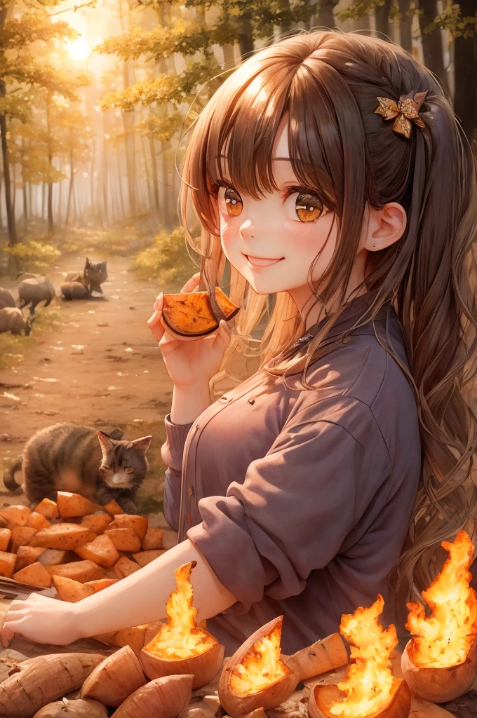 Smiling girl、Girl smiling with roasted sweet potatoes on a bonfire 、sunset、In the forest、kitten