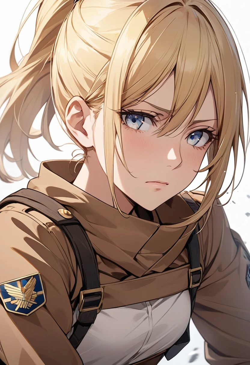 Close Up on the face of Annie Leonhart .  She is a striking looking young woman ,  with an average height and a slender body .  Her blond hair is long and she wears a ponytail.

 Her eyes are a light blue shade , deep and penetrating,  but the neutral expression she carries does not reveal her inner emotions ; Instead,  convey a sense of reserve and introspection .  Annie has angular facial features ,  with slightly prominent cheekbones and a defined chin ,  that accentuate her serious appearance .

 She is wearing the standard uniform of the soldiers of the Exploration Troop , composed of a brown jacket ,  a long sleeve blouse and dark pants ,  that fit comfortably around her body .  The troop emblem is visible on her shoulder ,  symbolizing her commitment to the cause .  Annie also wears sturdy combat boots ,  ready for any situation .