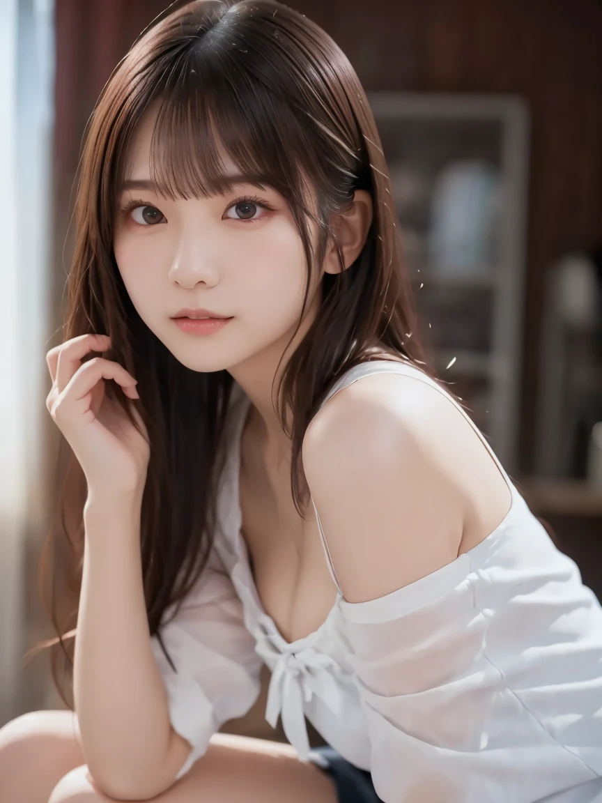  white shirt 、Complex and beautiful eyes、woman、 womanらしい黒髪、(Long and beautiful legs : 1.5), (one piece : 1.6), (Delicate and realistic hair、１Realistic hair)、bangs、 naturally colored lips、smile、((White Indoor))、((18歳woman:1.2))、 young and adorable Japanese face, Official Art， very detailedなCGユニティ8Kの壁紙，（masterpiece:1.0),(Best Quality:1.0), 超 high definition,4K, very detailed, photo shoot, 8k,  NFS W ,  high definition, Kodak Portra 400,  film grain ,  lens flare glow ,高いest quality,8k, NFS W :1.2),  Portrait Shot ,8k、 viewer, (((Front View))), (((Front View))), ((facing))、 body facing forward、Bold cleavage、 tight chest、 small face, Best Quality、 Super beautiful images、 upper body、stand up