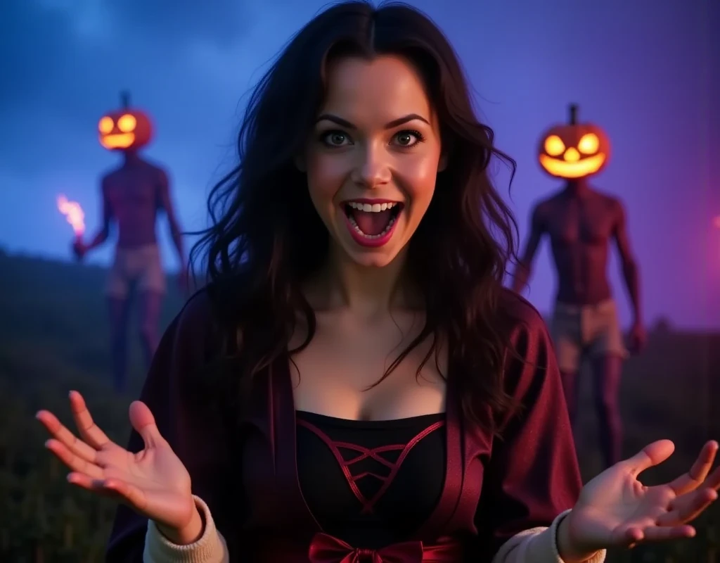 a masterpiece complex shot from a scary movie, two characters in the frame, a full-length dark-haired woman with green eyes, dressed as a magician, who is actively talking, gesticulating, a cheerful facial expression, blush, an interesting dynamic pose, against the background of the college of magic, a saturated blue-purple sky with clouds, a pumpkin field, intricate fancy color combinations. but in fact it's scary, and she still doesn't see that a creepy pumpkin-headed zombie dressed in torn shorts is running past who will soon attack her and bite off her head, it's actually very scary, suspense, horror, camera rotation, panic, and pumpkins' eyes are glowing, creepy, cinematic