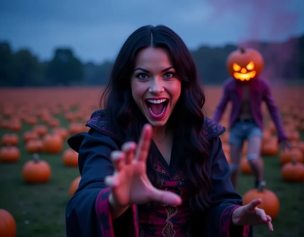 a masterpiece complex shot from a scary movie, two characters in the frame, a full-length dark-haired woman with green eyes, dressed as a magician, who is actively talking, gesticulating, a cheerful facial expression, blush, an interesting dynamic pose, against the background of the college of magic, a saturated blue-purple sky with clouds, a pumpkin field, intricate fancy color combinations. but in fact it's scary, and she still doesn't see that a creepy pumpkin-headed zombie dressed in torn shorts is running past who will soon attack her and bite off her head, it's actually very scary, suspense, horror, camera rotation, panic, and pumpkins' eyes are glowing, creepy, cinematic