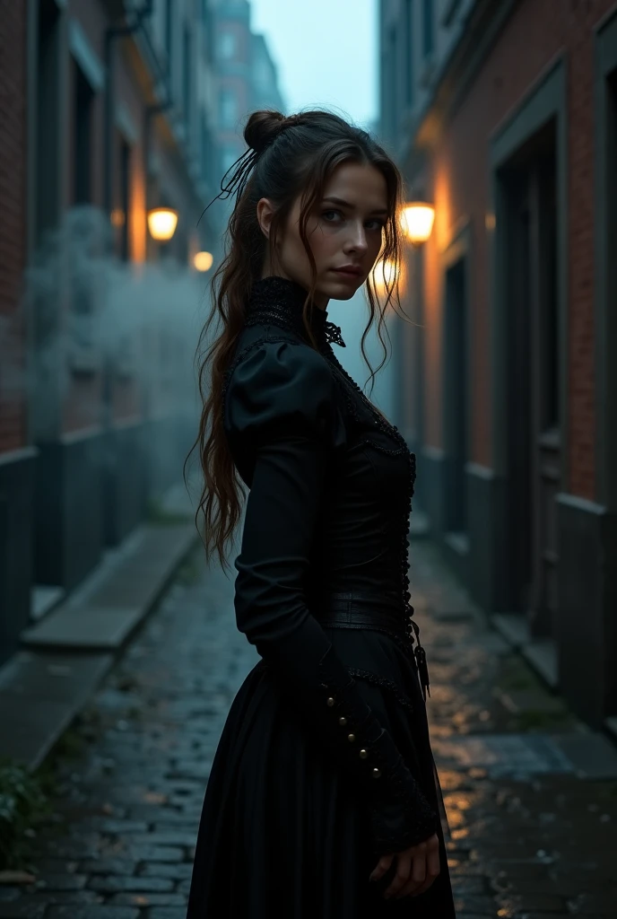 Generate a hyper-realistic image that employs the shallow depth of field technique, half-body portrait to highlight Stoya wearing a gothic medieval clothes , Hot body, sensual, sexy, at ((night in a mysterious alleyway)) setting, (((under the moonlight))). The girl should be the focal point, with crisp clarity, while the background of the alley should be gently blurred to create a bokeh effect. (((steam rises In the foreground))) should be visible but blurred, adding depth to the composition.", adding depth to the composition. Sony Alpha A7R III, macros lens , f/5.6. ((Cinematic))