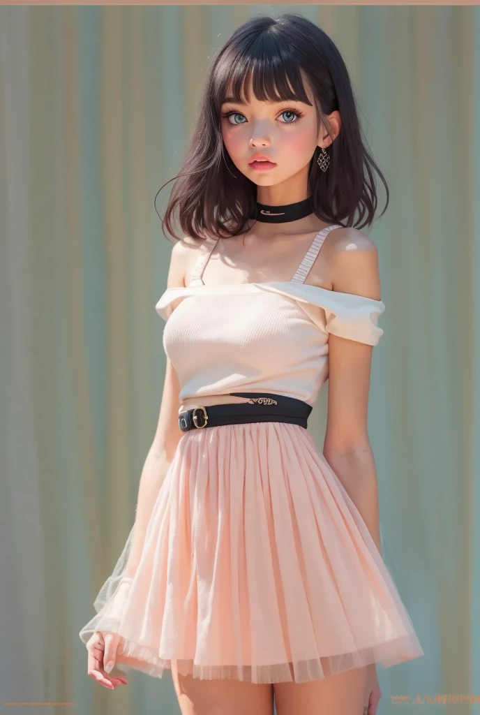 (   Details) ,   HYPER DETAIL  ,  Realistic Portraits  ,   perfect face. teenage girl ,Front,  with clear double eyelids ,  Blue eyes and long eyelashes , Realistic Face,   Details skin、 Big and thick lips  、 black pink short hair  , bangs  ,   sheer cropped off-the-shoulder top and white high waisted pleated skirt ,  bra shoulder straps  , White background , Soft Shadows、  cozy relaxed vibe    