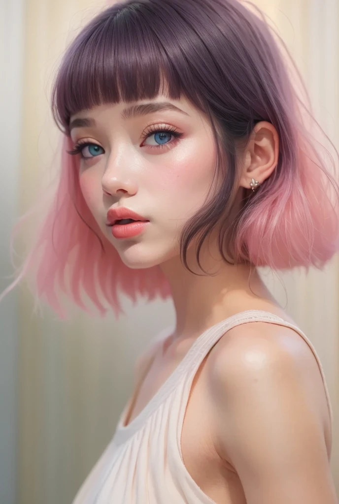 (   Details) ,   HYPER DETAIL  ,  Realistic Portraits  ,   perfect face. teenage girl ,Front,  with clear double eyelids ,  Blue eyes and long eyelashes , Realistic Face,   Details skin、 Big and thick lips  、 black pink short hair  , bangs  ,   sheer cropped off-the-shoulder top and white high waisted pleated skirt ,  bra shoulder straps  , White background , Soft Shadows、  cozy relaxed vibe    