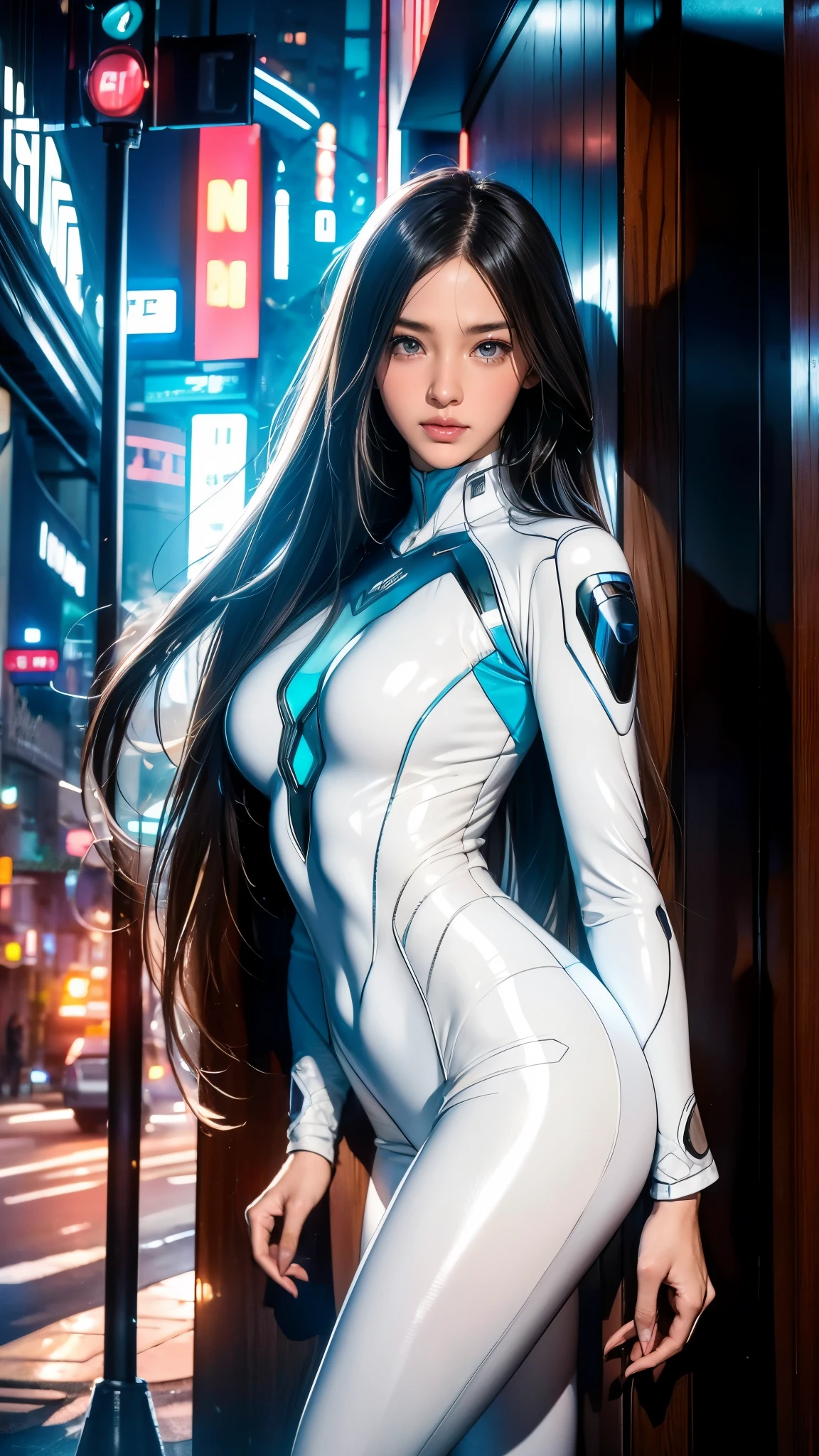 Insightful eyes,Long flowing hair,Very long, long, long hair,Porcelain white face,Soft and shiny, Futurist, futurist suit, neon light suit