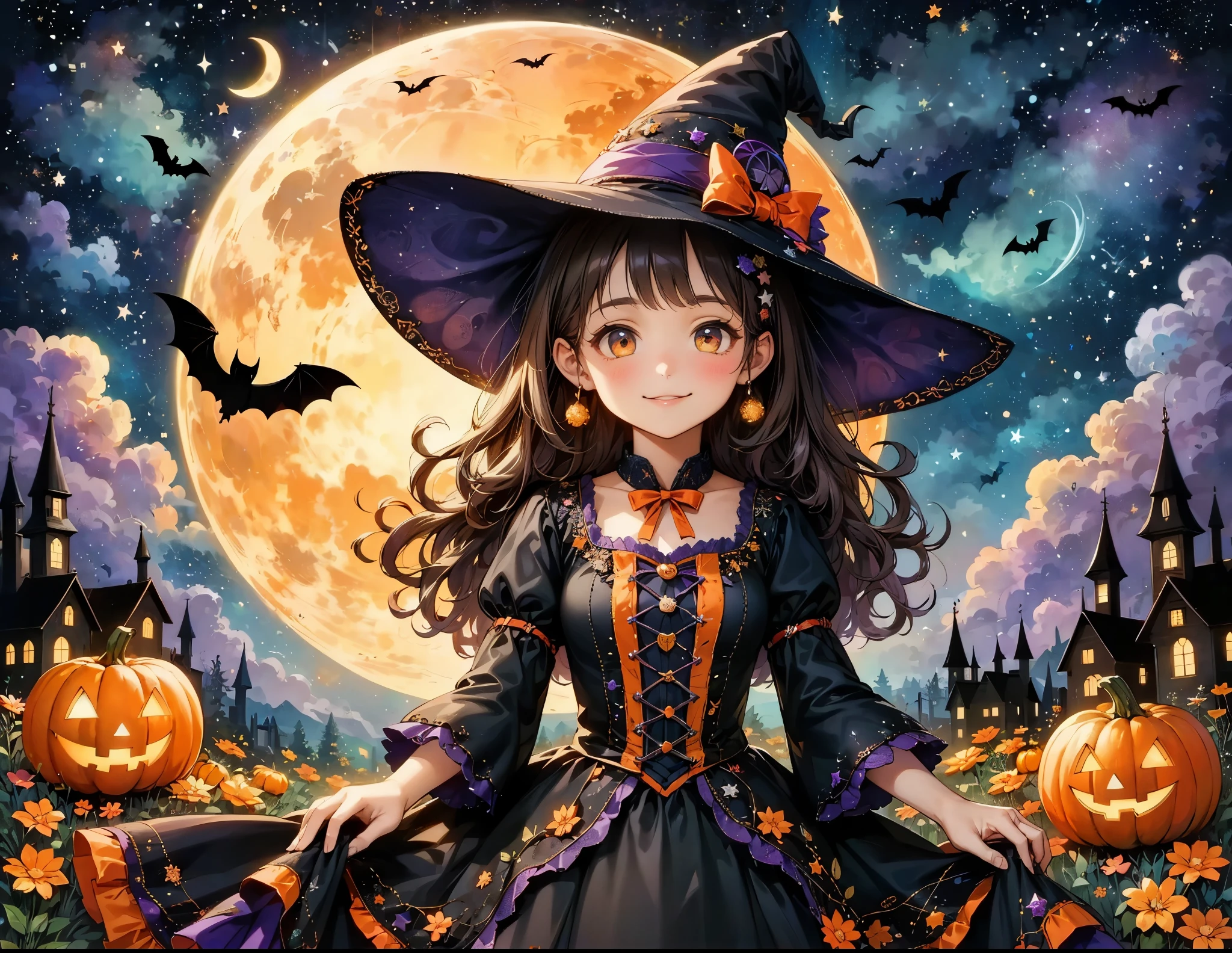 Fixes,handicraft artwork,patchwork,cloth,button,Felt fabric,Embroidery thread,Handicrafts with a warm and gentle atmosphere,(Halloween: a girl in a witch costume smiles happily,a person with short, curly hair,star,Night Sky,ghost silhouette,Bats,Halloween Background),A dream-like sight,rustic colors,intricate details,artwork,Three-dimensional