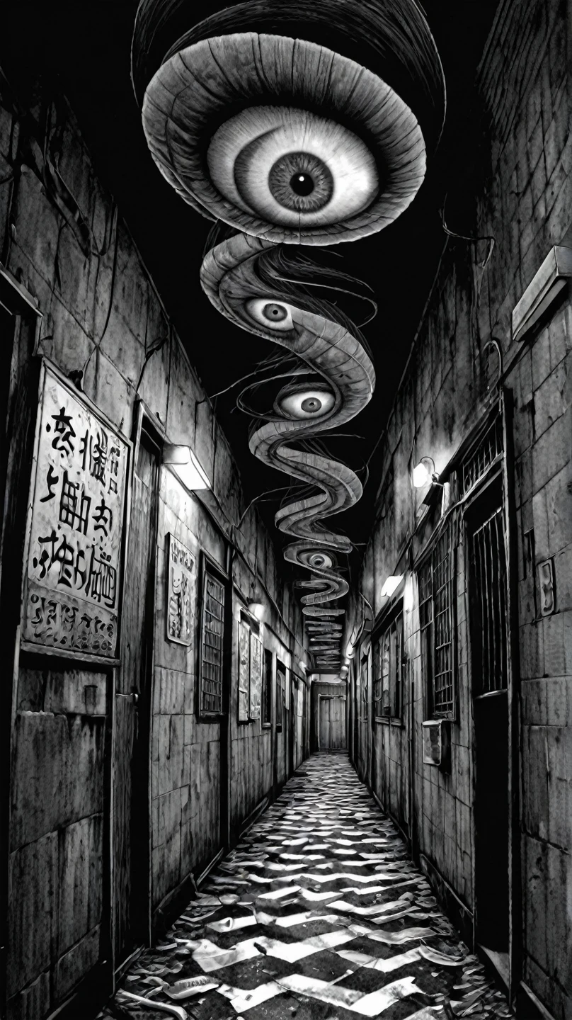 score_9, score_8_up, score_7_up, score_6_up, no human, bizarre scenario, Junji Ito, spiral alley, surrealism, dark, black and white, 8K, anime, horror, dutch angle