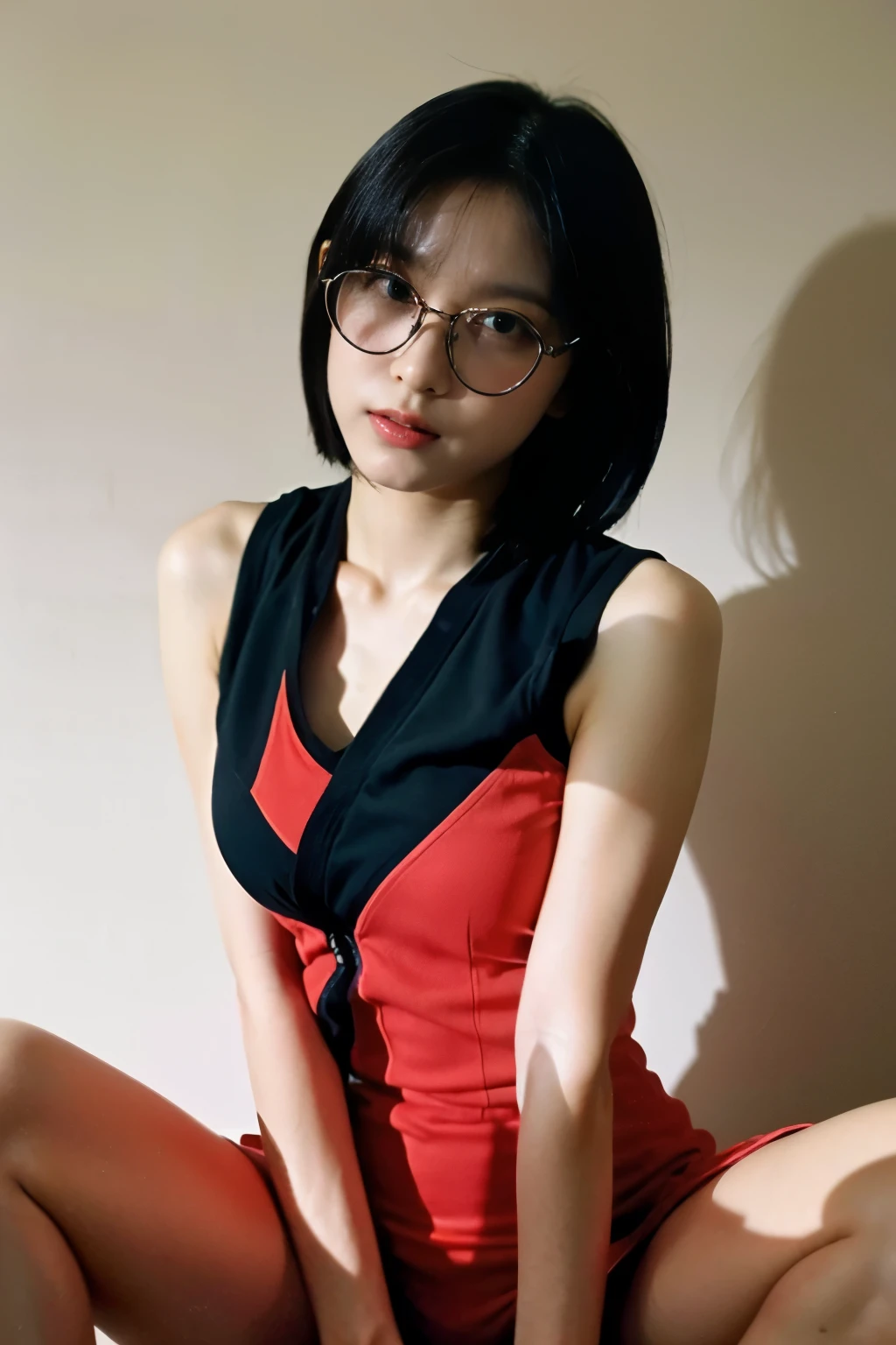 cute face, (highres,masterpiece:1.2),ultra-detailed,realistic,professional,beautiful detailed eyes,beautiful detailed lips,dark hair,short black hair,red glasses,stunning black eyes,clear skin,18-year-old girl,fashionable short hairstyle,vibrant red glasses,Shinobi Academy,fierce determination,confident posture,crimson outfit, background filled with ninjutsu techniques,shadows cleverly accentuating her features,subtle studio lighting,sublime realism,striking color tones, arm up, dynamic pose,  medium breasts,  spread legs..