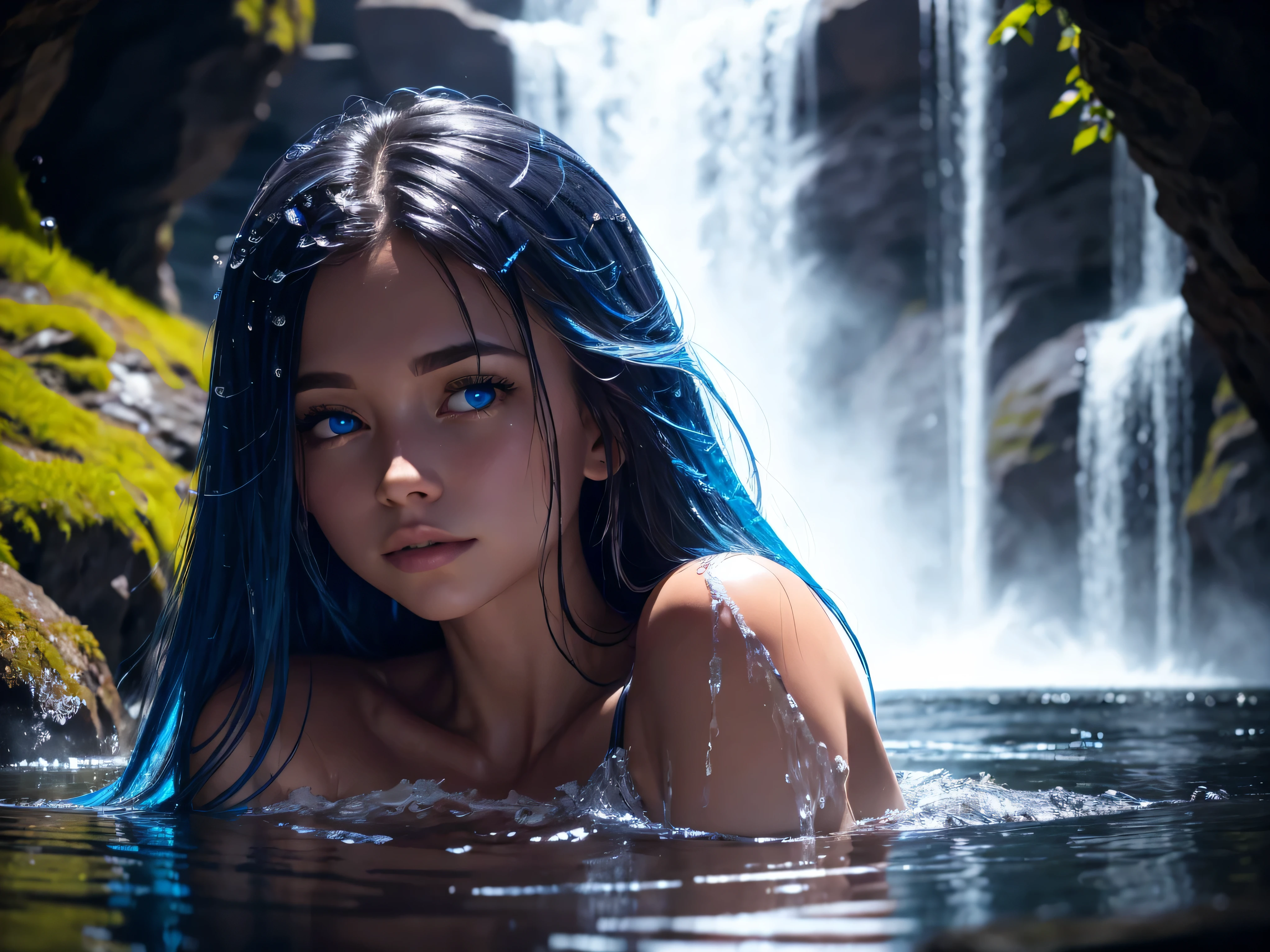 close up, portrait, 1girl, female water spirit, silver blue colored hair,
inside a dark cave, with waterfalls in the background. spring water inside, water on the skin,
ethereal atmosphere, dust particles, steam rising on the water. mist surrounding the subject.
The girl kneels in the water., under a waterfall. Water covering her body, her head down, eyes bright blue looking at the viewer.
flat chested,. long flowing dress, glistening like mermaid skin, see through with the wetness, perfect body,
highest quality image, 32K. Dynamic pose. seductive expression,
dark location scene, low key lighting, backlight, beautiful lighting elements, reflection from the water. waterfalls in darkness in the background.
atmospheric, beautiful, moody, peaceful. desaturated.