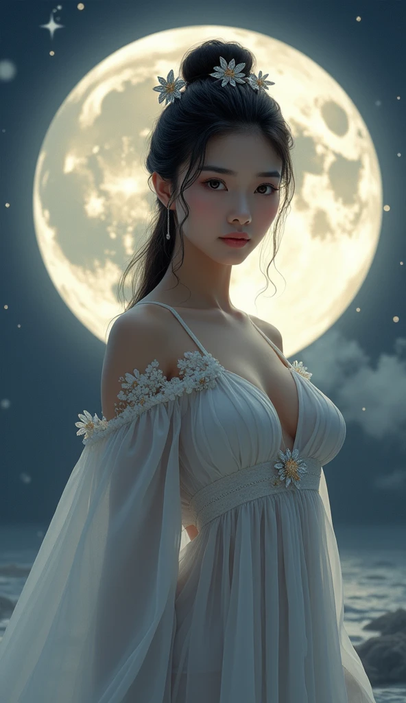 Best quality,masterpiece,ultra high res,(photorealistic:1.4)1girl, (naked:1.2),long hair,black hair,holding,(orange mist background with glowing moon:1.1),solo,arm guards,simple background,looking at viewer,black eyes,eye liner,tabi,floating hair,upper body, (skimpy kimono), (transparent mouth veil:1.3), (foggy, mist) medium breasts,