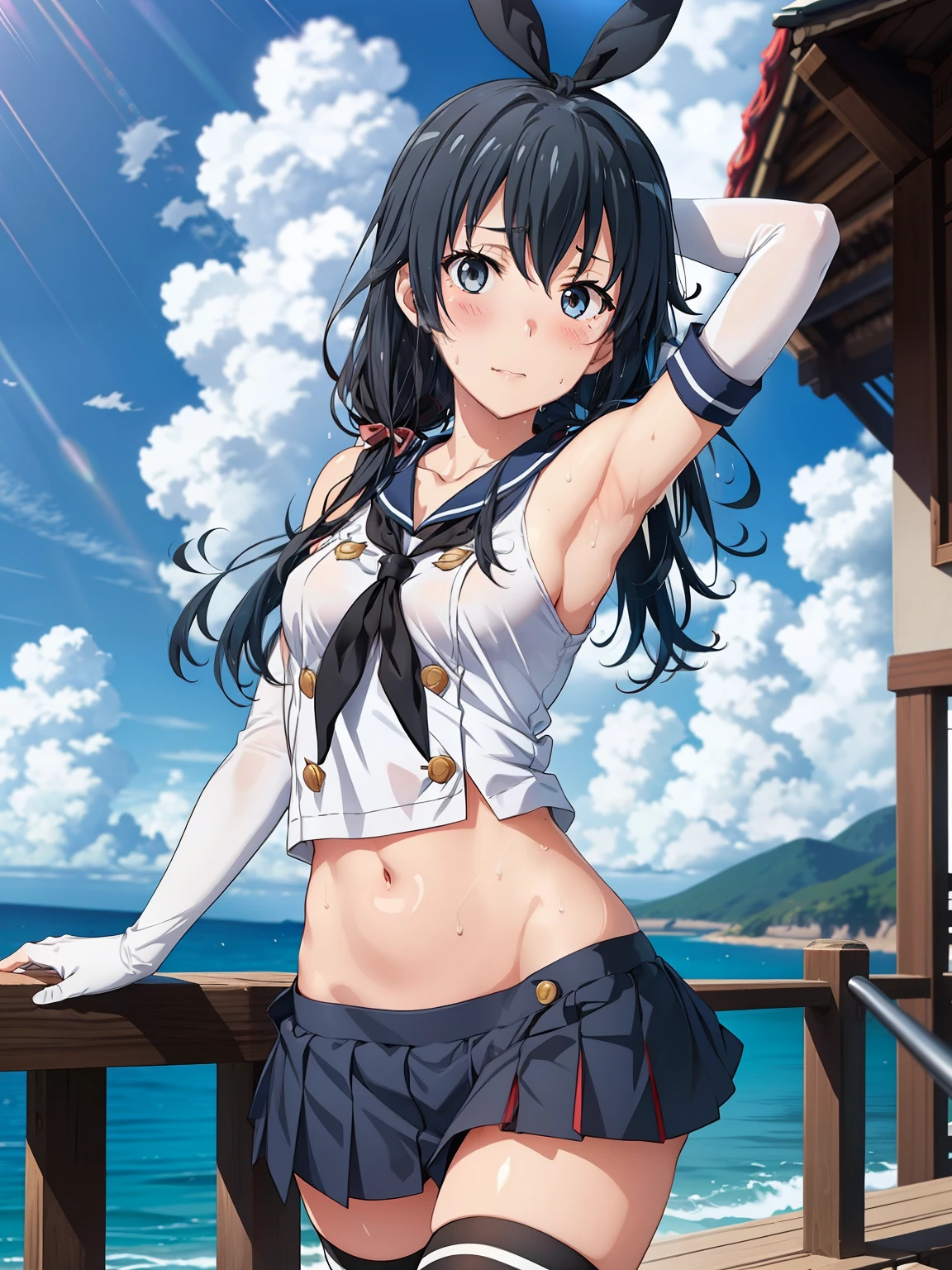 ((Best Quality, high definition, perfect pixel, 4K)), ( Beautiful Anime Girls ), depth of field 、
Yukinoshita Yukino、Small breasts、Black Hair、 twin tails、
shimakaze \\(kancolle\\)、
elbow gloves、
striped thighhighs、
highleg panties、
blue pleated skirt、
hair bow、
Groin、Striped panties、
(blush、 embarrassing、sweat:1.3)、
sea、null、cloud、sunlight、