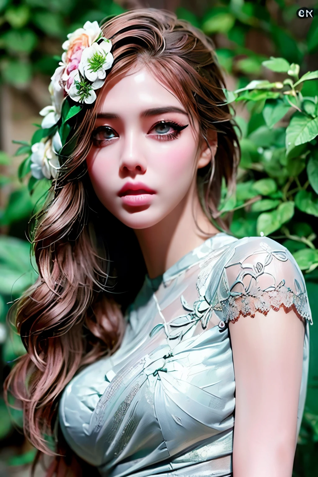 1girl, beautiful detailed eyes, beautiful detailed lips, extremely detailed face and features, long eyelashes, elegant woman, serene expression, intricate detailed lace dress, sleeveless ,outdoor garden scene, ornate architectural background, lush foliage, natural lighting, cinematic composition, highly detailed, 8k, ultra-detailed, realistic, photorealistic, masterpiece, vibrant colors, warm color palette