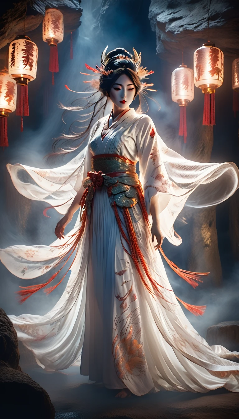 A beautiful goddess amaterasu from japanese mythology, dancing with fans in front of the heavenly cave at night, wearing a sheer white dress, ethereal, detailed, intricate pattern, complex, elegant, flowing movement, dramatic lighting, dark moody atmosphere, fantasy, cinematic, 8k, photorealistic, high quality, masterpiece