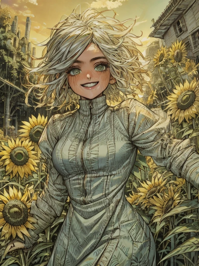 ((ultra detailed, masterpiece, best quality))
 W3Ciri, 1girl, solo, white hair, green eyes, scar on face, surrounded by sunflowers in a bright field, smiling, happy