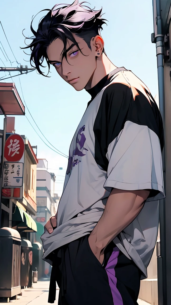 highest quality, 8K, high resolution image, anime style Jujutsu Kaisen, (Iori_suiseki), detailed strokes, bored look , blurred, purple light reflecting from it, 1 man, young, male, model, hand in pocket, cool guy, multicolored Background with various geometric shapes, around stickers, muscular,Black hair, purple eyes, multicolored hair, purple hair, hair between eyes, highlighted hair ,swollen chest, he is wearing a big white t-shirt and a sweatpants, hand in trouser pocket, gold link chain, background: big City