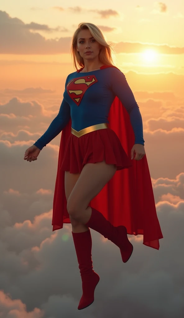 Selfie style photo, pov, INSANELY SEXY, RIPPED MUSCULAR BUSTY, bOOBS SUPERGIRL WEARING THE ORIGNAL SUPERGIRL COSTUME FROM 1950. SOARING WHILE TAKING A SELFIE. 8k, high definition, backlit