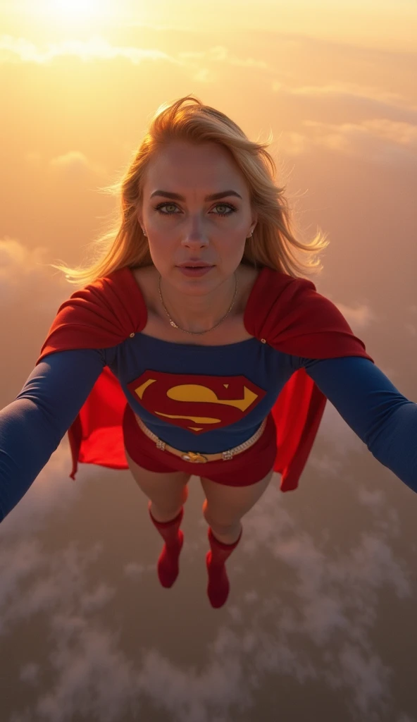 Selfie style photo, pov, INSANELY SEXY, RIPPED MUSCULAR BUSTY, bOOBS SUPERGIRL WEARING THE ORIGNAL SUPERGIRL COSTUME FROM 1950. SOARING WHILE TAKING A SELFIE. 8k, high definition, backlit