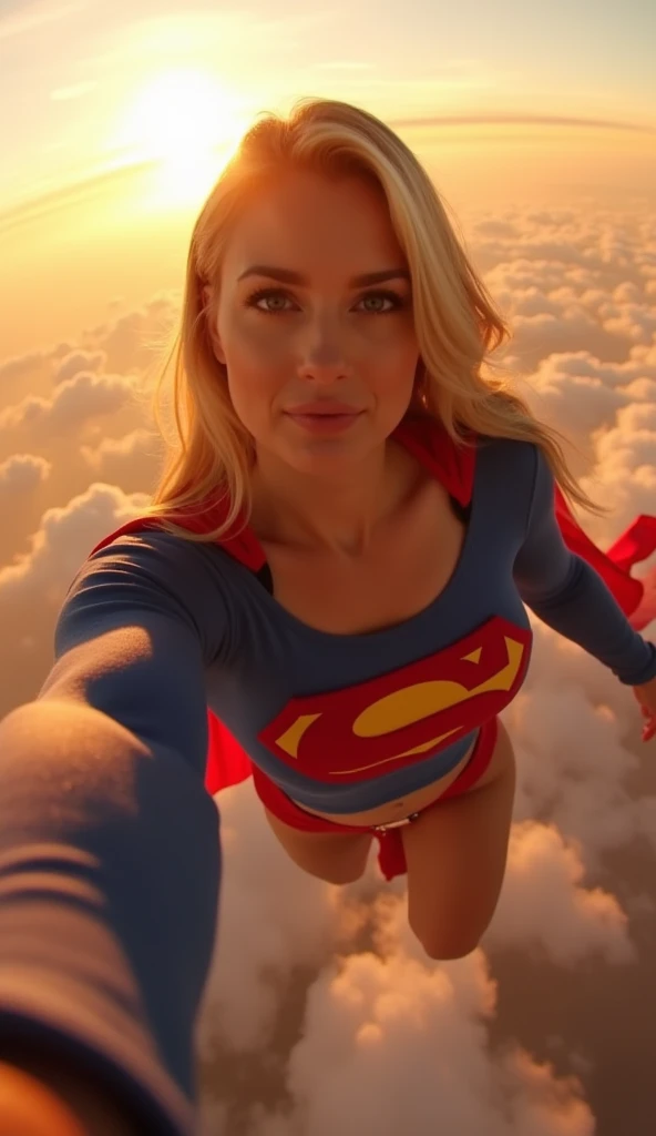 Selfie style photo, pov, INSANELY SEXY, RIPPED MUSCULAR BUSTY, bOOBS SUPERGIRL WEARING THE ORIGNAL SUPERGIRL COSTUME FROM 1950. SOARING WHILE TAKING A SELFIE. 8k, high definition, backlit