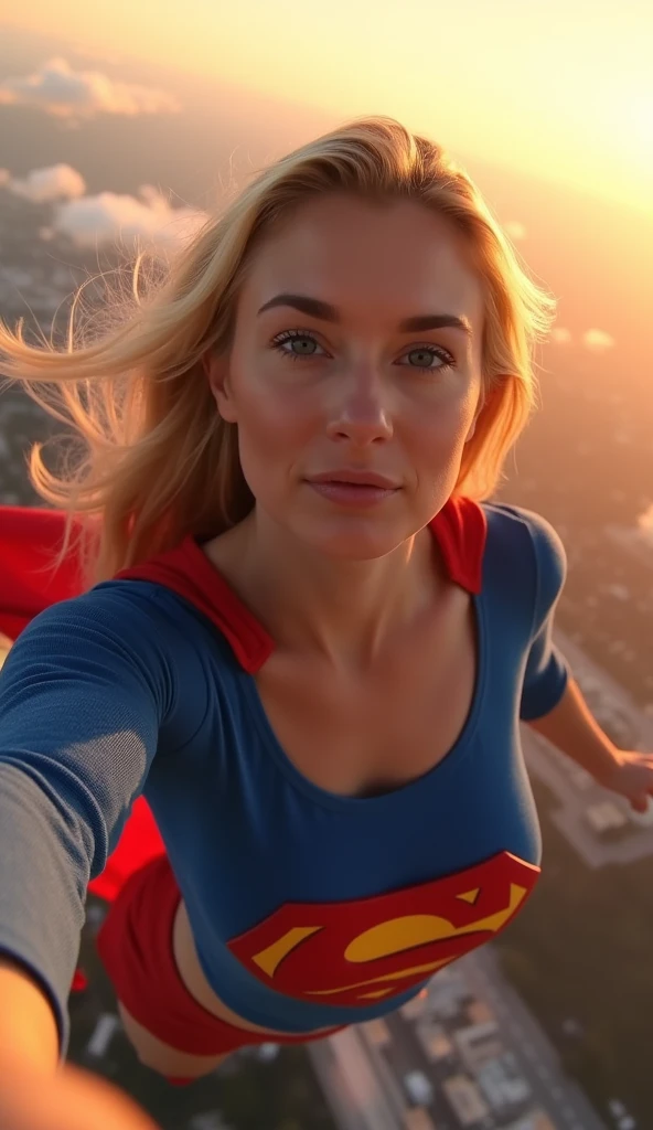 Selfie style photo, pov, INSANELY SEXY, RIPPED MUSCULAR BUSTY, bOOBS SUPERGIRL WEARING THE ORIGNAL SUPERGIRL COSTUME FROM 1950. SOARING WHILE TAKING A SELFIE. 8k, high definition, backlit