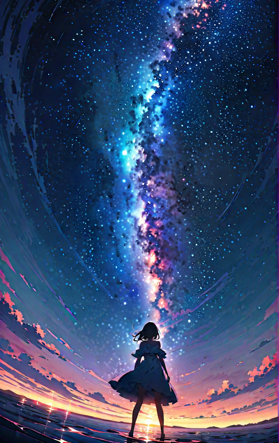 Official Art, Integrated 8K wallpapers,  very detailed,  masterpiece,  best image quality，Ultra Wide Angle，night， girl bust up,Clear your face ，Standing by the salt lake，The water is like a mirror，Reflecting the sky,Look up at the sky，The Milky Way is in the sky， dynamic angle that kept getting violated, Grace,  bright color