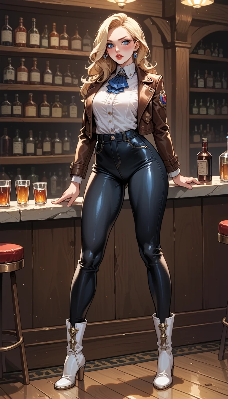 (( best quality)), ((masterpiece)), (detailed),   ridiculous resolution  ,     Ultra-high resolution    , hyper resolution, (masterpiece:1.4), hyper-detail, a woman. she is . Blonde hair.  long hair,   red lips. Closed lips. she is blushing.,blue eyes,  (Ultra detailed blue eyes:1.4)). she is standing at a bar,dominating pose,brown leather jacket and very tight black leather pants highlighting your thighs,white boots,   full body  .
