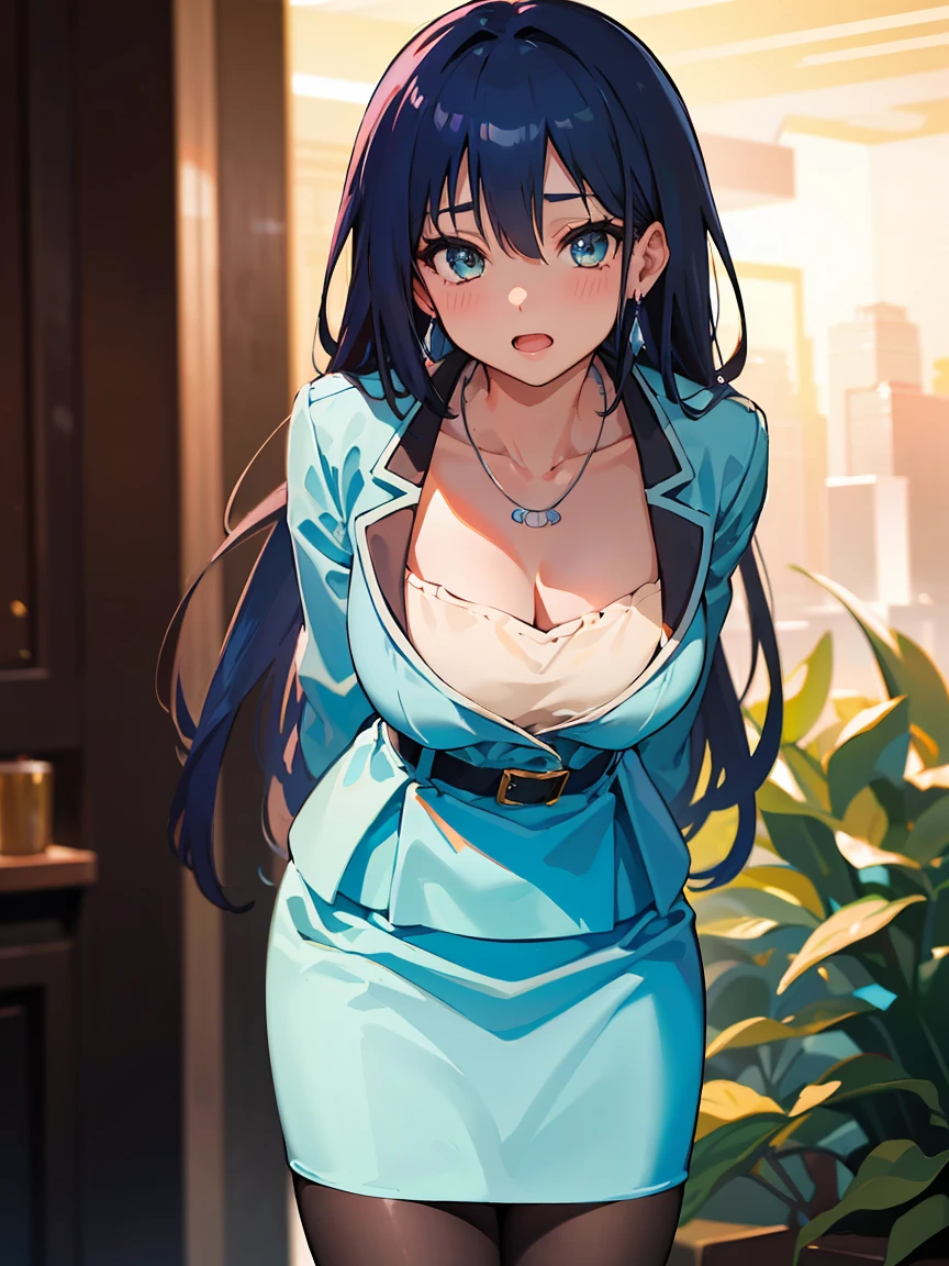 masterpiece, best quality, highres, 1girl ayano yuugiri, earrings necklace blue jacket shirt belt blue skirt pencil skirt black pantyhose earrings necklace standing, leaning forward, (arms behind back),NSFW,official art,extremely detailed CG unity 8k wallpaper, perfect lighting, (masterpiece:1.0),(best_quality:1.0), ultra high res,4K,ultra-detailed, photography, 8K, HDR, highres, absurdres:1.2, Kodak portra 400, film grain, blurry background, bokeh:1.2, lens flare, (vibrant_color:1.2),(beautiful_face:1.5),(narrow_waist),(perfect hands, perfect anatomy:1.2),