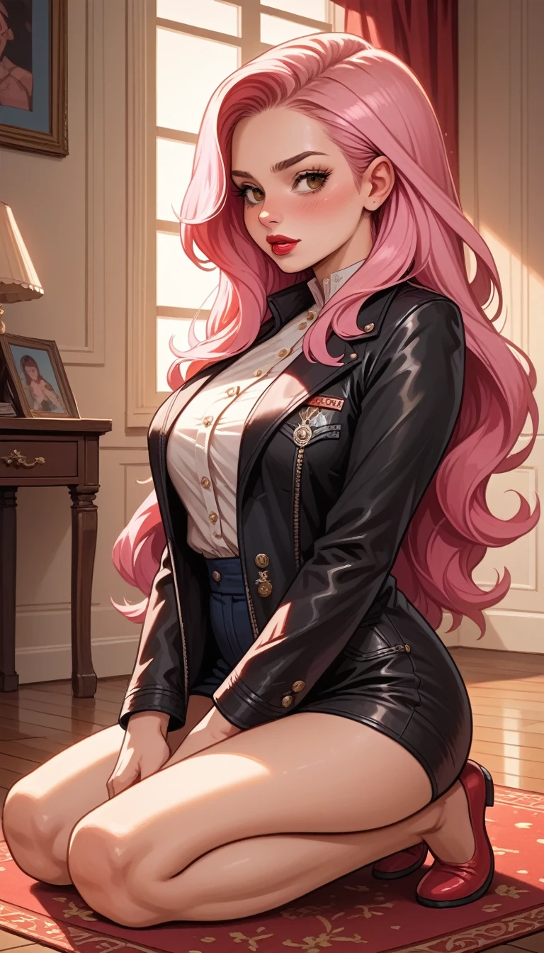 (( best quality)), ((masterpiece)), (detailed),   ridiculous resolution  ,     Ultra-high resolution    , hyper resolution, (masterpiece:1.4), hyper-detail, a woman. she is . Gradient pink hair ,Gradient pink hair , long hair,   red lips. Closed lips. she is blushing., brown eyes , (Ultra detailed  brown eyes:1.4)).  she's kneeling on the living room floor ,   She only wears a black leather jacket and red panties,    full body  .
