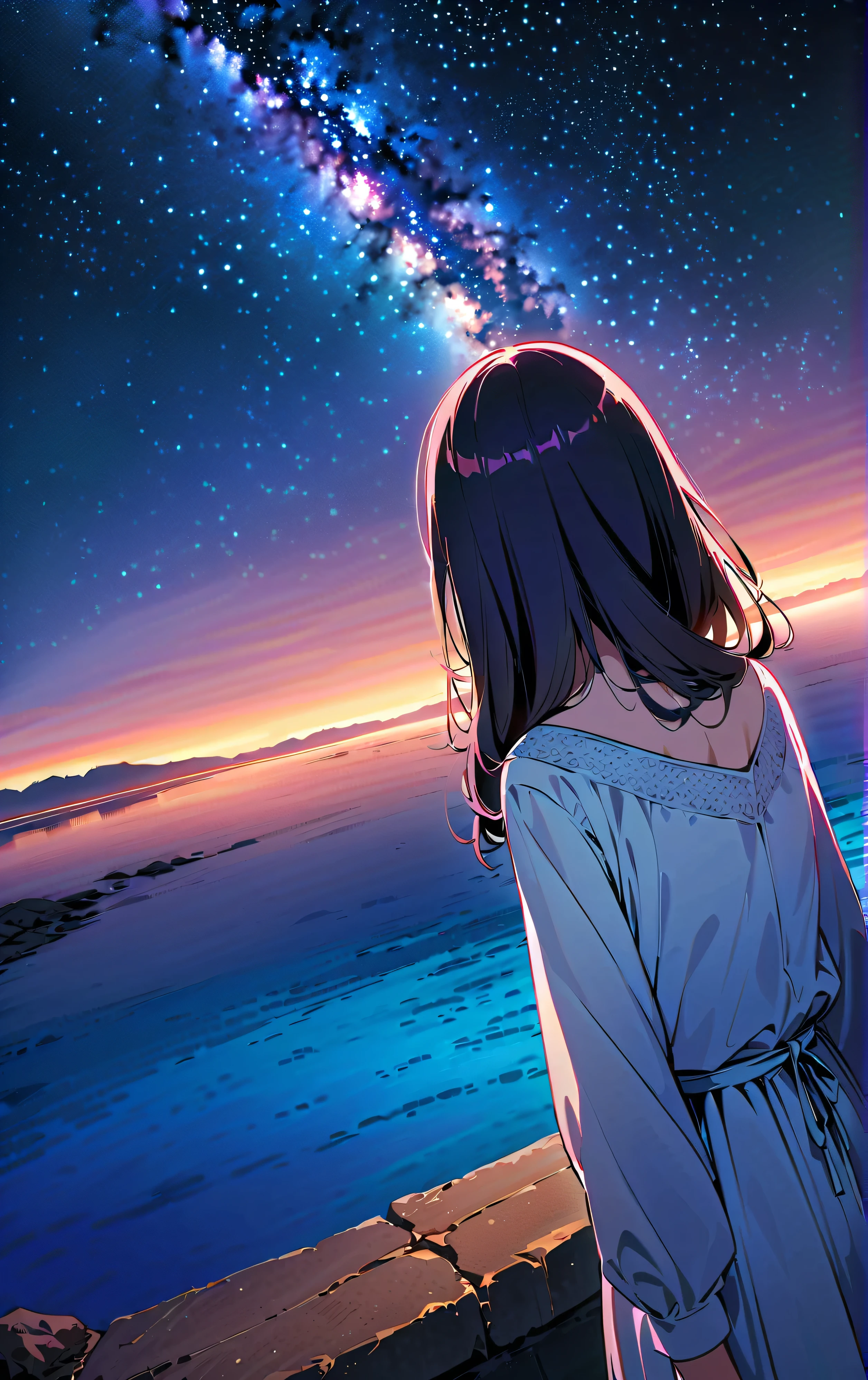 Official Art, Integrated 8K wallpapers,  very detailed,  masterpiece,  best image quality，Ultra Wide Angle，night， girl bust up,Clear your face ，Standing by the salt lake，The water is like a mirror，Reflecting the sky,Look up at the sky，The Milky Way is in the sky， dynamic angle that kept getting violated, Grace,  bright color