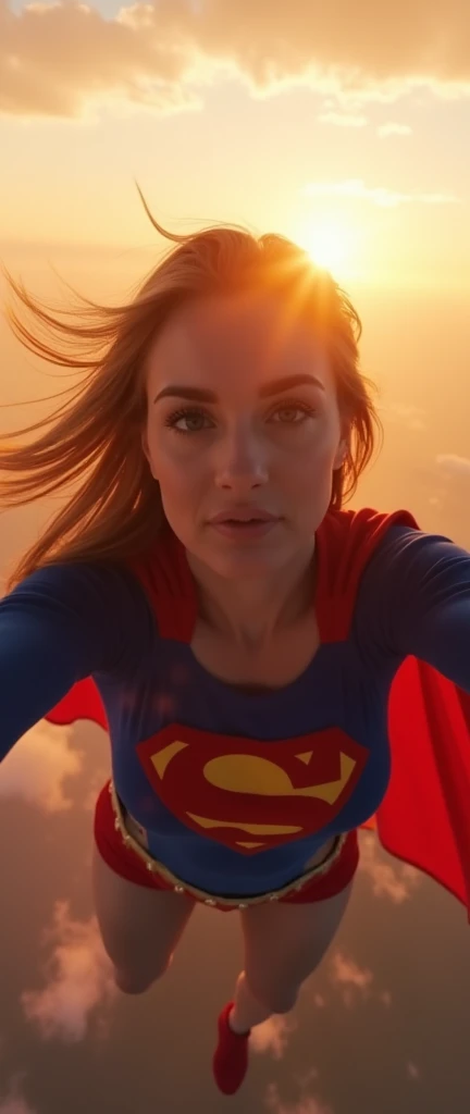 Selfie style photo, pov, INSANELY SEXY, RIPPED MUSCULAR BUSTY, bOOBS SUPERGIRL WEARING THE ORIGNAL SUPERGIRL COSTUME FROM 1950. SOARING WHILE TAKING A SELFIE. 8k, high definition, backlit