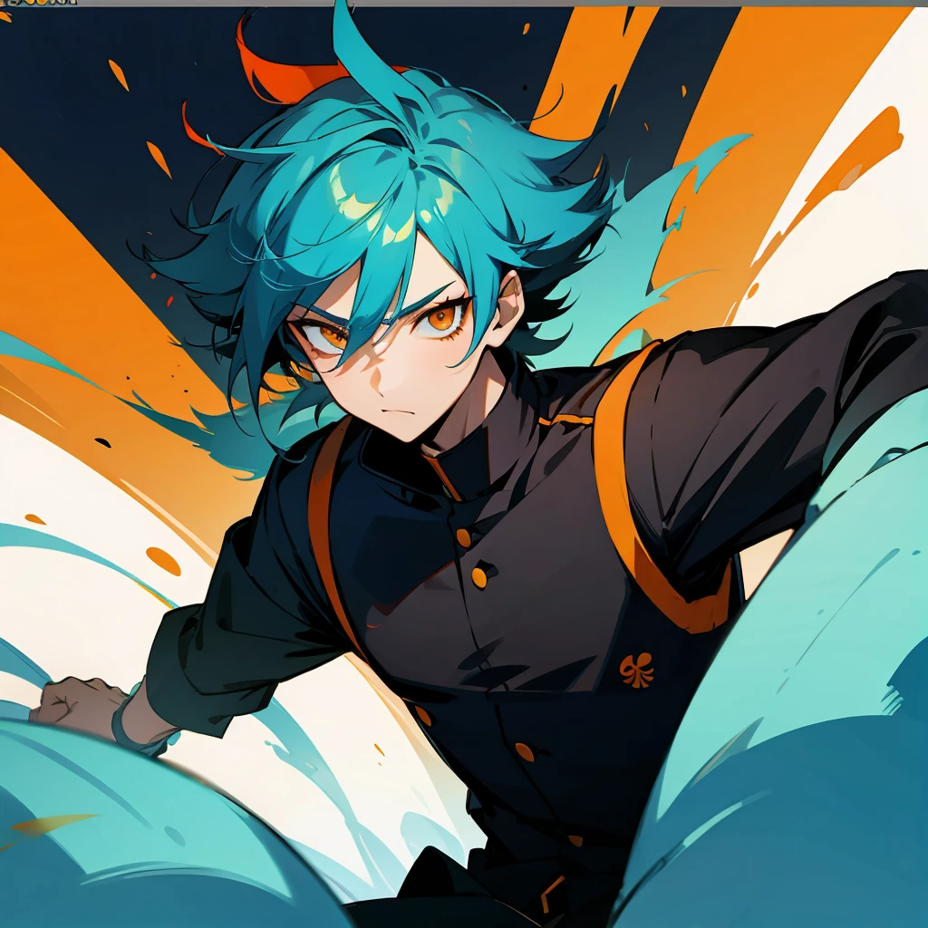 1 boy, Turquoise hair, orange eyes, black uniform, handsome, orange eye liner, high quality, high quality 