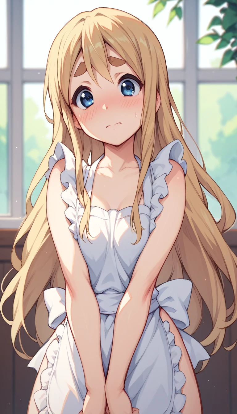 tsumugi kotobuki, long hair, blue eyes, blonde hair, thick eyebrows, small breasts, posing embarrassed, red face, Suspender Naked Apron, BlushySpicy, V-arms 