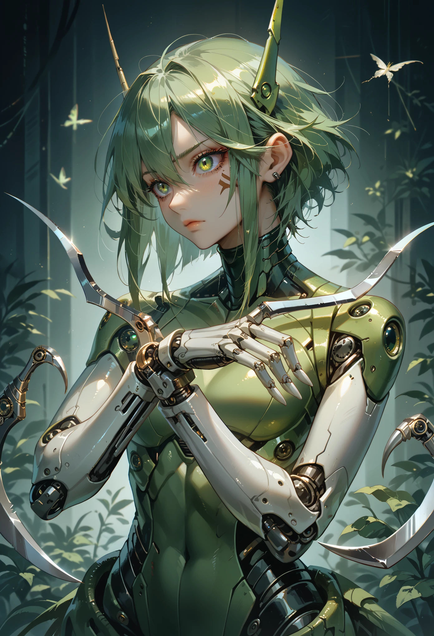 A girl fused with mantis. Cyborg body. Green and black. Sickle hands. Kaijin.