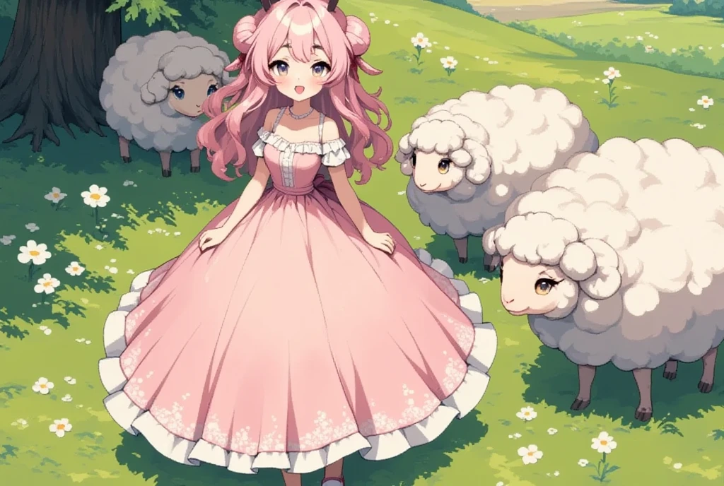 2D illustration:1.3, Flat illustration:1.3,  woman in a fluffy dress  , 1 female, Sheepskin ,  pink fluffy hair in an oval, Long Hair,  sheepskin hair  , Pink Hair,  thick eyebrows, Big Eyes， Sheep's ear, A woman standing on the left, The round sheep on the right is ４They stand side by side:1.2, grassland:1.5, front view:1.5, UHD, masterpiece, best quality, high details:1.4, Incredible resolution