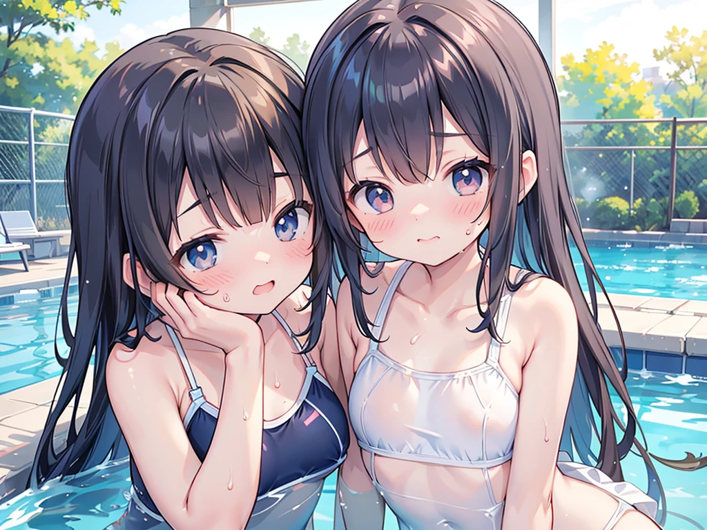 (masterpiece), Best Quality,  ultra high resolution, Japanese, high school students,スクール swimsuit。School swimming pool。Embarrassed face。Adorable, (Portraiture,  close:1.1) ( cheek, shiny lips:1), ( swimsuit, Suggestive ),  Watch Viewers , , Sweaty , (Baby Face, cute), (  grin :0.7)