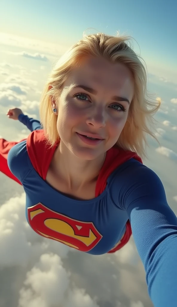 Selfie style photo, pov, INSANELY SEXY, RIPPED MUSCULAR BUSTY, bOOBS SUPERGIRL WEARING THE ORIGNAL SUPERGIRL COSTUME FROM 1950. SOARING WHILE TAKING A SELFIE. 8k, high definition, visible cleavage, busty, looking down her shirt