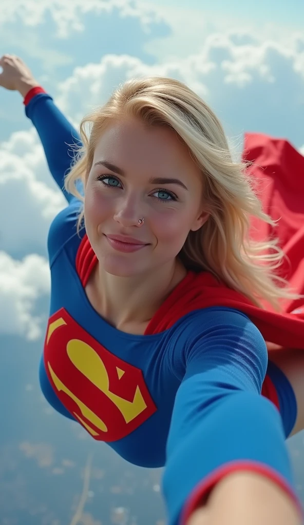 Selfie style photo, pov, INSANELY SEXY, RIPPED MUSCULAR BUSTY, bOOBS SUPERGIRL WEARING THE ORIGNAL SUPERGIRL COSTUME FROM 1950. SOARING WHILE TAKING A SELFIE. 8k, high definition, visible cleavage, busty, looking down her shirt