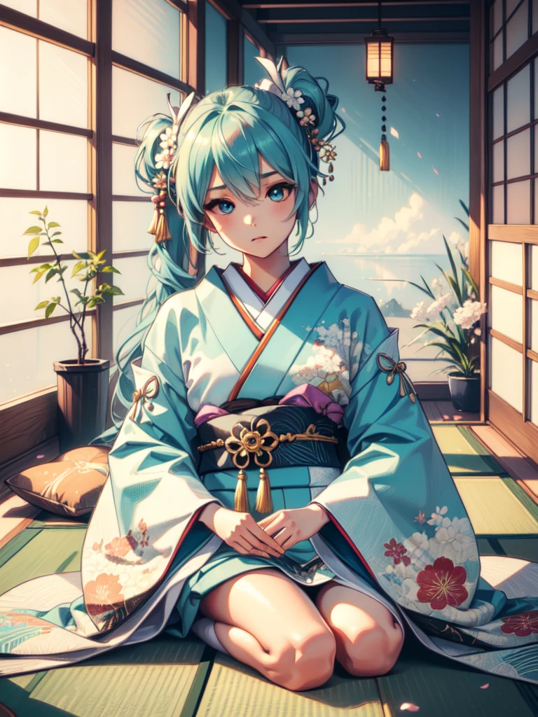 An 8k high-resolution image of a beautiful young girl in a traditional Japanese tatami room. She is dressed in a stunning white kimono with elegant floral patterns, seated in the formal seiza position on a cushion (zabuton) and facing forward. Her head is bowed in a humble, apologetic gesture, conveying a sense of regret and sincerity. The soft lighting enhances the fine details of her kimono and the serene, respectful atmosphere of the traditional Japanese setting,

hatsunemiku, miku hatsune, ahoge, aqua eyes, aqua hair, crossed bangs, hair between eyes, hair ornament, long hair, twintails,
BREAK (masterpiece:1.2), best quality, high resolution, unity 8k wallpaper, (illustration:0.8), (beautiful detailed eyes:1.6), extremely detailed face, perfect lighting, extremely detailed CG, (perfect hands, perfect anatomy),