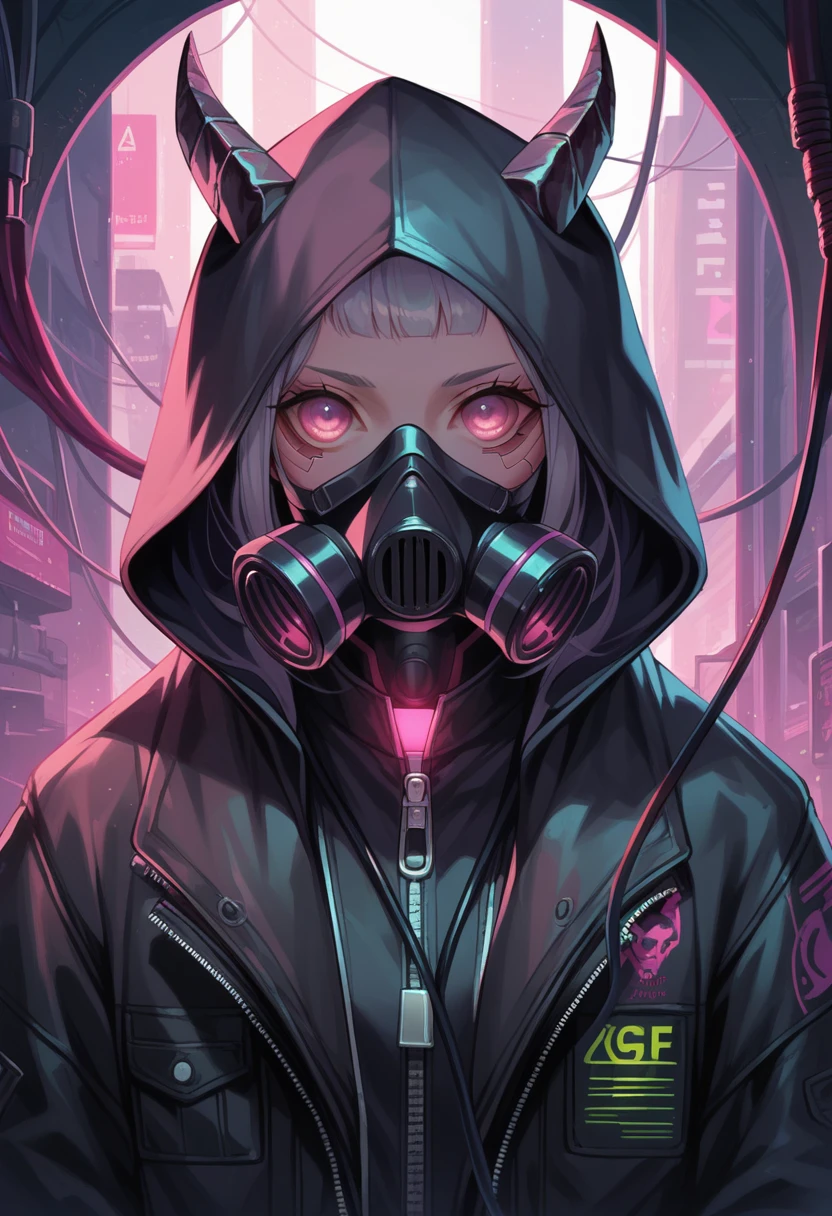 score_9, score_8_up, score_7_up, looking at viewer, jacket, upper body, horns, hood, pink eyes, black jacket, mask, glowing, hooded jacket, hood up, zipper, cable, leather, gas mask, cyberpunk, tube 