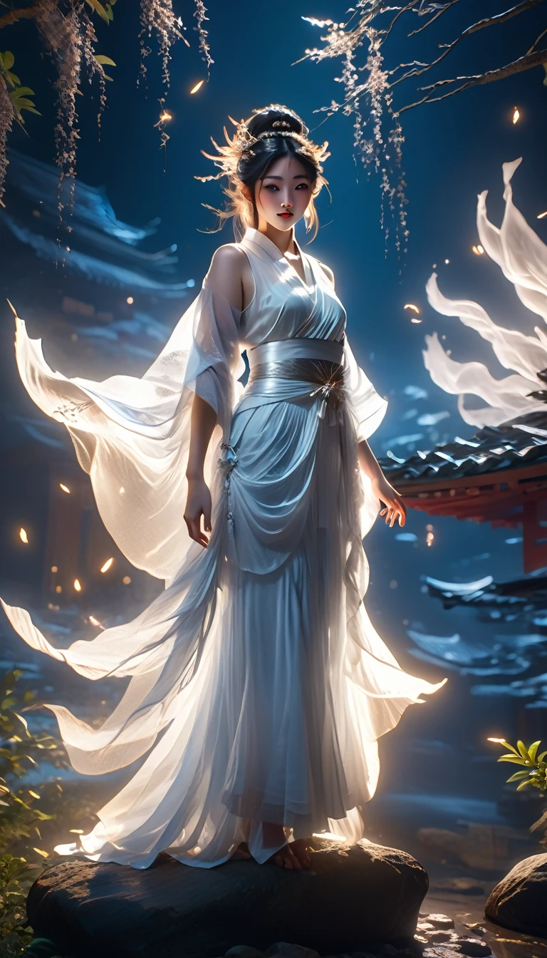 beautiful japanese goddess, goddess of dance, sheer white dress, holding paper fans, dancing before large rocks at night, divine spirits watching over, best quality,4k,8k,highres,masterpiece:1.2,ultra-detailed,realistic,photorealistic,photo-realistic:1.37,HDR,UHD,studio lighting,ultra-fine painting,sharp focus,physically-based rendering,extreme detail description,professional,vivid colors,bokeh,digital art,fantasy,ethereal,mystical,dramatic lighting