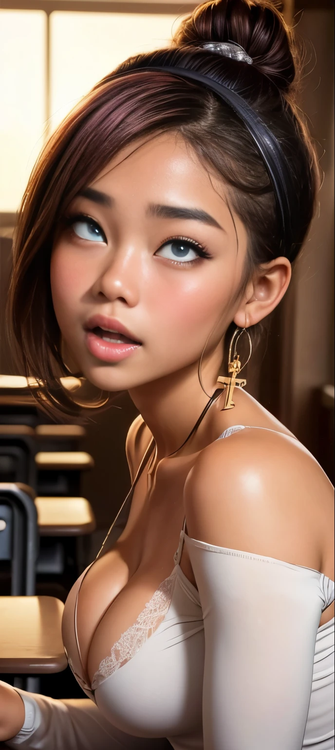 Portrait, (close up shot), (cross-eyed:1.6), (rolling eyes:1.6), (open mouth:1.4), (blushing:1.6), Masterpiece, high quality, high resolution, volumetric lighting, subsurface scattering, 8k, Beautiful woman, (emphasis on her breasts), dark skin, phillipino, college student, shiny-rubber-suit, (long-sleeve), ((cleavage)), messy bun, headband, hoop earings, classroom, sexy pose, seductive pose