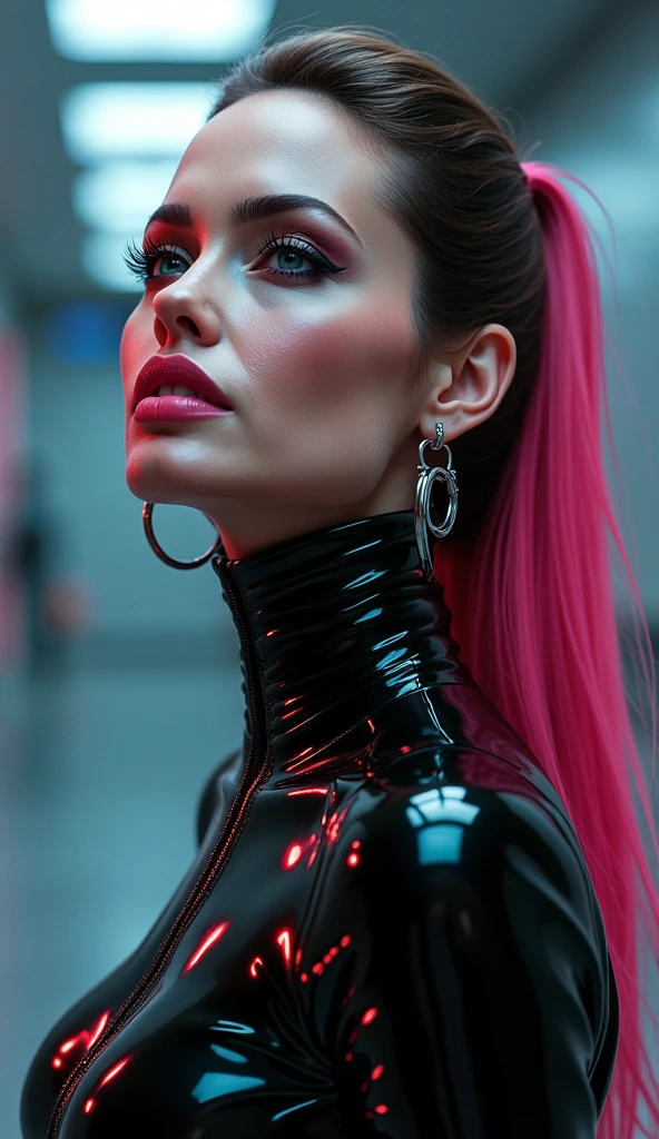 neonpunk style close up portrait of a beautiful woman in a latex fashion dress with metal choker on neck posing in front of octopus and tentacles, tentacles in the background, wearing glamour latex outfit, shiny glossy skin, shiny metallic glossy skin, futuristic glossy latex suit, wlop glossy skin, glossy surface, latex shiny, glossy skin, black latex suit, black latex, by Fyodor Rokotov, glossy shiny reflective <lora:FF-TentacleFFashion4:1> . cyberpunk, vaporwave, neon, vibes, vibrant, stunningly beautiful, crisp, detailed, sleek, ultramodern, magenta highlights, dark purple shadows, high contrast, cinematic, ultra detailed, intricate, professional