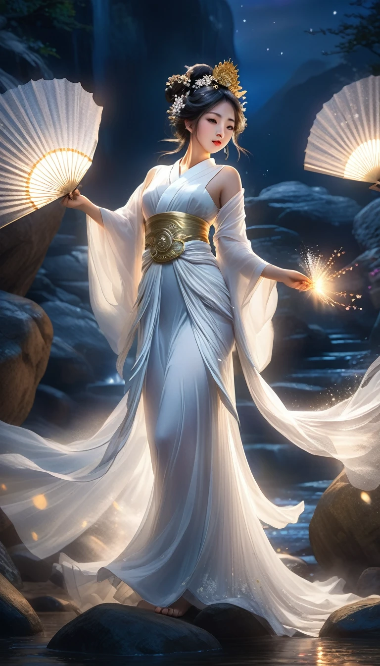 beautiful japanese goddess, goddess of dance, sheer white dress, holding paper fans, dancing before large rocks at night, divine spirits watching over, best quality,4k,8k,highres,masterpiece:1.2,ultra-detailed,realistic,photorealistic,photo-realistic:1.37,HDR,UHD,studio lighting,ultra-fine painting,sharp focus,physically-based rendering,extreme detail description,professional,vivid colors,bokeh,digital art,fantasy,ethereal,mystical,dramatic lighting