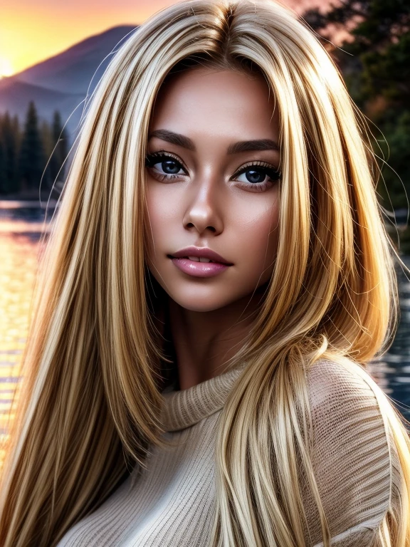 Foreground: a gorgeous woman (Cristy Ren), wet blond wavy hair in the wind. she's a men magazine model, She has a subtle smile and flirts with the camera, (she wears a knitted sweater 1.2), background landscape of mountainious lake with trees, (in sunset light:1.2), , perfect eyes, perfect hands, perfect body, perfect hair, perfect large breast, hair behind ear, UHD, retina, masterpiece, accurate, anatomically correct, textured skin, super detail, high details, high quality, award winning, best quality, highres, 16k, 8k, huge breasts, enormous breasts, gigantic breats, blond hair, blond hair, 