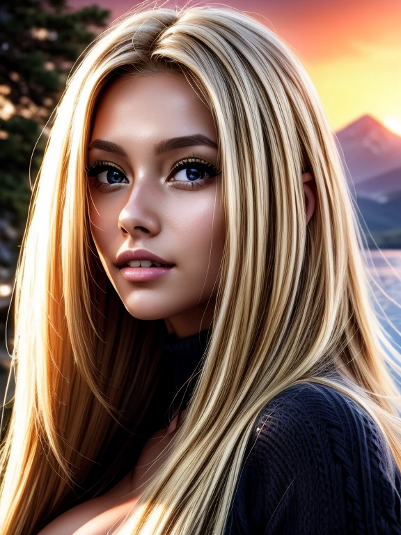 Foreground: a gorgeous woman (Cristy Ren), wet blond wavy hair in the wind. she's a men magazine model, She has a subtle smile and flirts with the camera, (she wears a knitted sweater 1.2), background landscape of mountainious lake with trees, (in sunset light:1.2), , perfect eyes, perfect hands, perfect body, perfect hair, perfect large breast, hair behind ear, UHD, retina, masterpiece, accurate, anatomically correct, textured skin, super detail, high details, high quality, award winning, best quality, highres, 16k, 8k, huge breasts, enormous breasts, gigantic breats, blond hair, blond hair, 