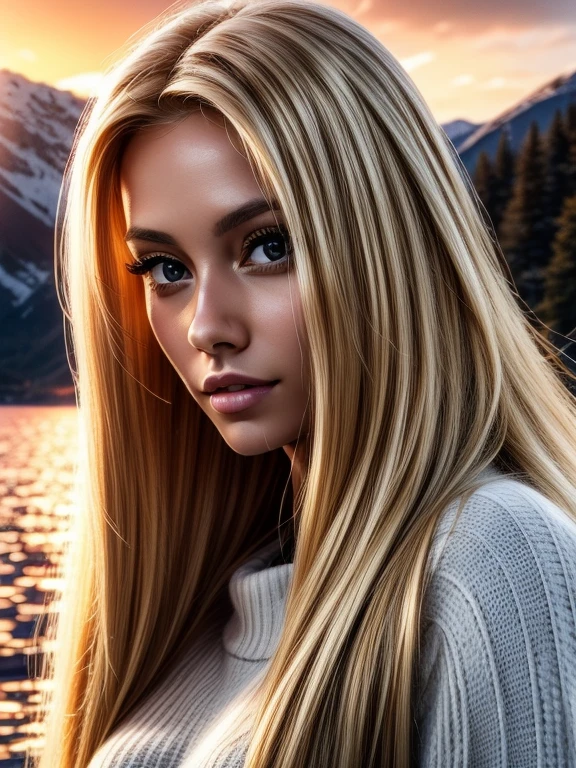 Foreground: a gorgeous woman (Cristy Ren), wet blond wavy hair in the wind. she's a men magazine model, She has a subtle smile and flirts with the camera, (she wears a knitted sweater 1.2), background landscape of mountainious lake with trees, (in sunset light:1.2), , perfect eyes, perfect hands, perfect body, perfect hair, perfect large breast, hair behind ear, UHD, retina, masterpiece, accurate, anatomically correct, textured skin, super detail, high details, high quality, award winning, best quality, highres, 16k, 8k, huge breasts, enormous breasts, gigantic breats, blond hair, blond hair, 